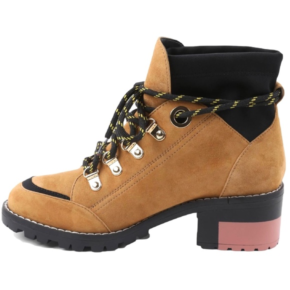 BCBGeneration Nalli Tan Suede Lace-Up Hiker Bootie Brown Black Leather Boots 7 - Picture 4 of 12